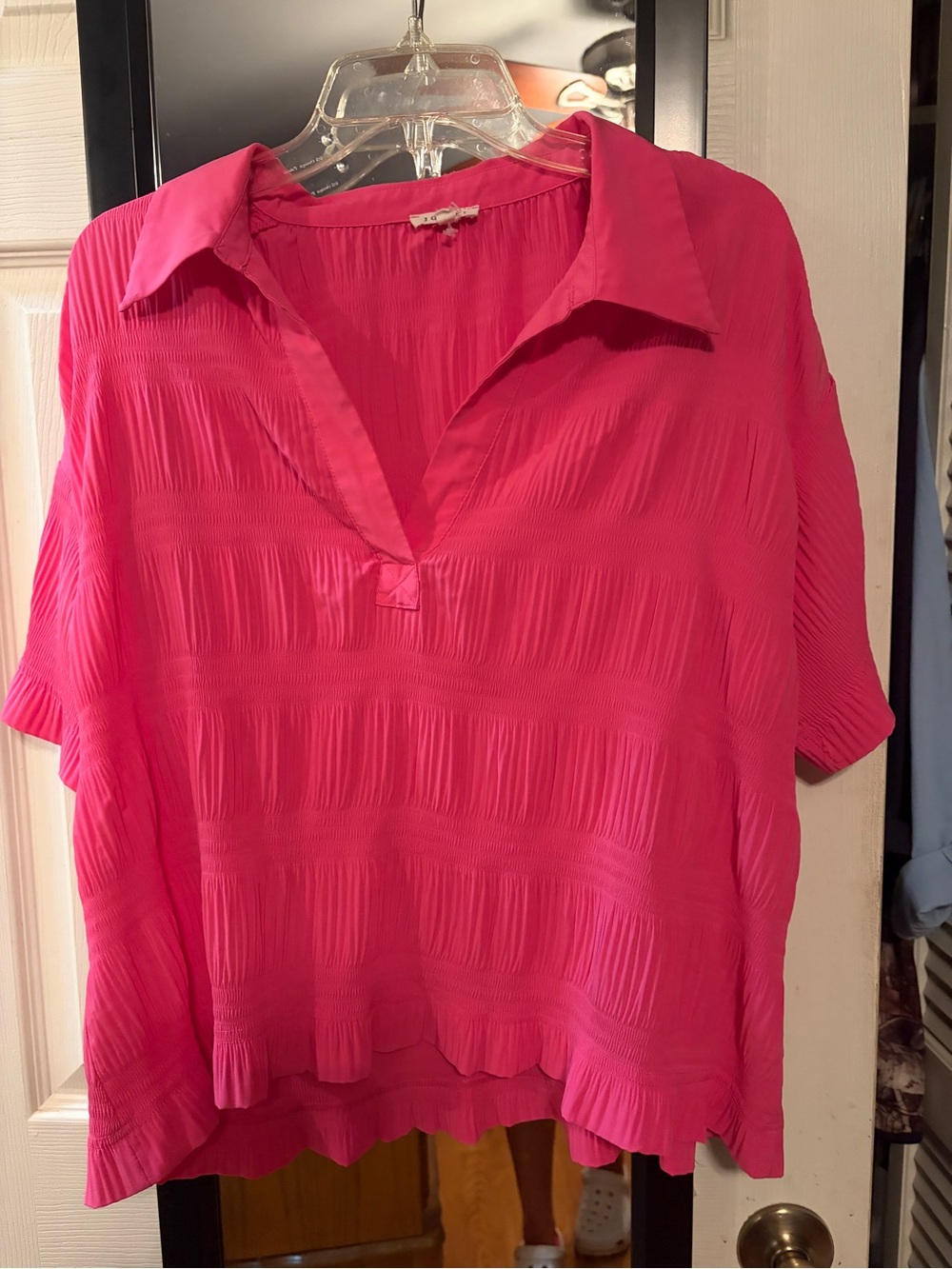 JODIFL Vibrant Hot Pink Pleated V-Neck Blouse